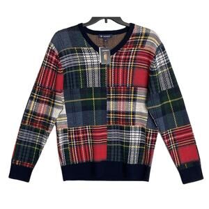 Daniel Cremieux V-Neck Sweater Men's Large Patchwork Plaid Fine Merino Wool NEW